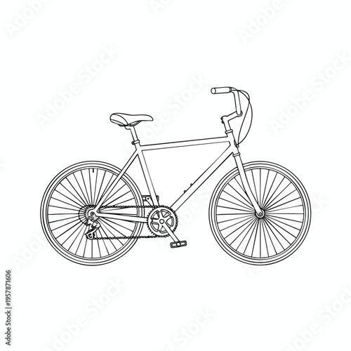 Line art drawing of a bicycle with two wheels, pedals, handlebars, and a seat