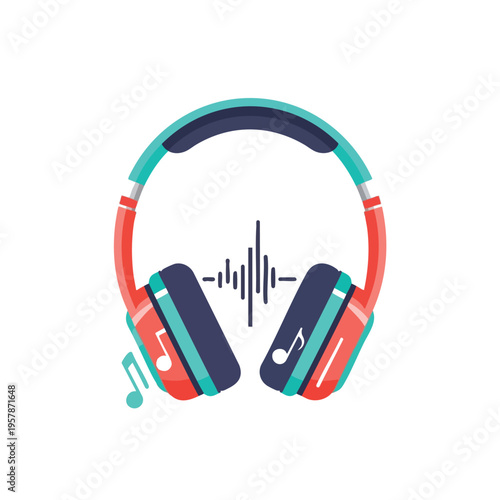 Modern headphones with colorful accents and music notes, audio wave in center