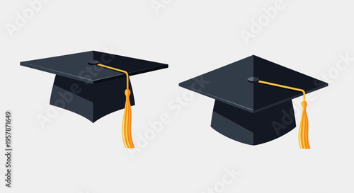 Two Black Graduation Caps with Gold Tassels Vector Illustration - Academic Mortarboards Isolated for Education, Success, and University Graduation Themes