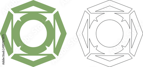Green geometric emblem and black outline emblem