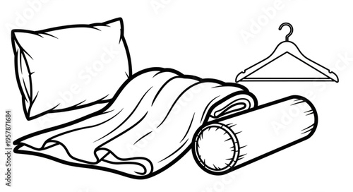 Cozy Comforts - Pillow, Blanket, Bolster, and Hanger Still Life.