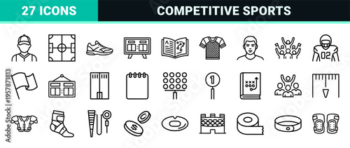 American Football Geometric Line Art Featuring Minimalist Monoline Sports Equipment Stadium Symbols and Athlete Gear Outlines for App Design