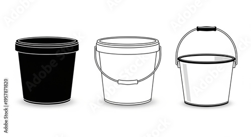 Three buckets - black, outline, and handle bucket illustration.