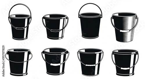Collection of Shiny Metal Buckets in Various Shapes and Sizes.