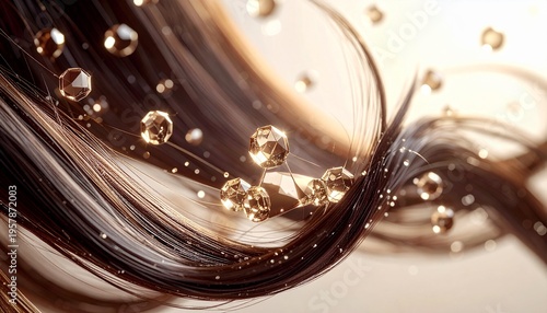 ナチュラルな分子ネットワークが毛髪に広がりキューティクルとケラチンを補修するヘアケアイメージ ジェネレーティブAI