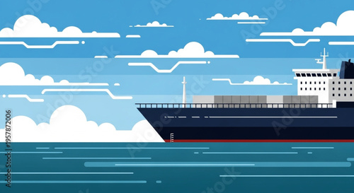 Large cargo container ship sailing across the vast blue ocean under a clear sky, symbolizing global trade, international shipping, and efficient maritime logistics