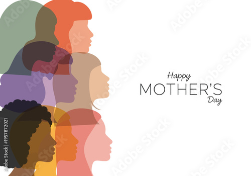 Happy Mother's Day Greeting with Diverse Women Silhouettes - Multicultural Female Profiles for Inclusive Celebration and Global Unity Background