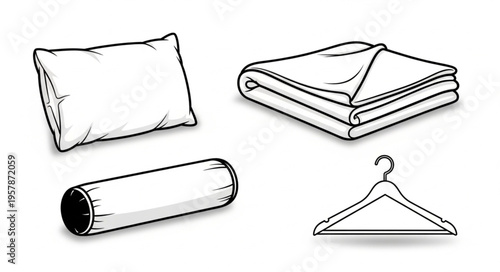 Pillow, Blanket, Tube, and Hanger Line Art Illustration.