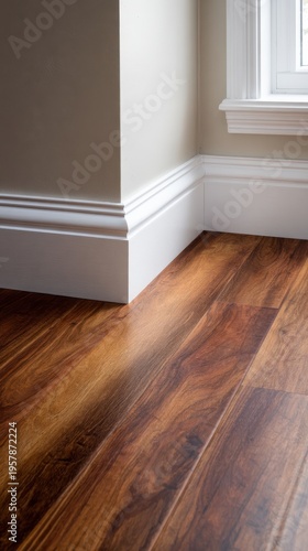Close up of hardwood floor corner with white baseboard molding