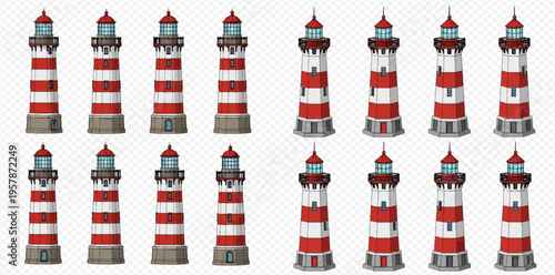 Set of vector cartoon lighthouses with red and white stripes, isolated on transparent background, for maritime navigation and coastal safety.