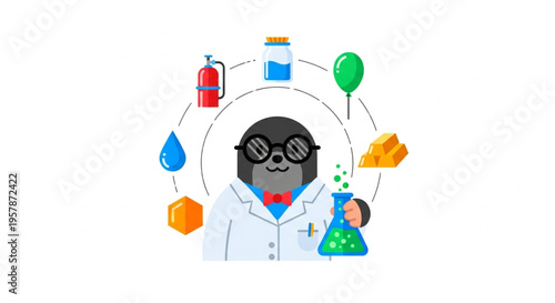 Charming cartoon mole character embodying a curious scientist, diligently conducting experiments in a laboratory setting, encircled by diverse scientific and elemental icons