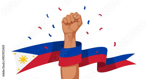 Raised fist embracing a vibrant national flag, showered with celebratory confetti, powerfully symbolizing national pride, unity, resilience, and the enduring spirit of freedom