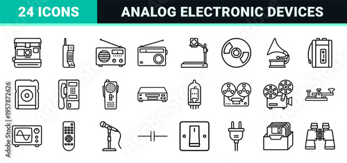 Minimalist Retro Technology Geometric Line Art for Vintage Electronics UI Design and Analog Media Hardware Interfaces.