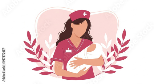 Nurturing Care A Compassionate Nurse Tenderly Holds a Newborn Baby in a Gentle Embrace Surrounded by Decorative Foliage