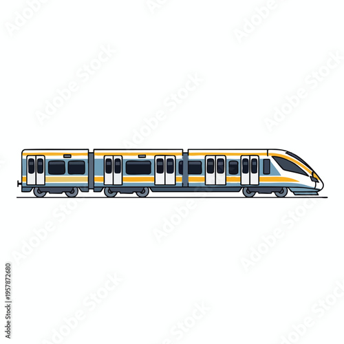 Modern commuter train with blue, yellow, and white colors on a white background