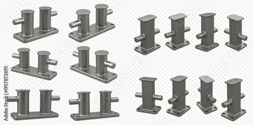 Set of various metal marine bollards for mooring boats and ships, isolated on a transparent background.