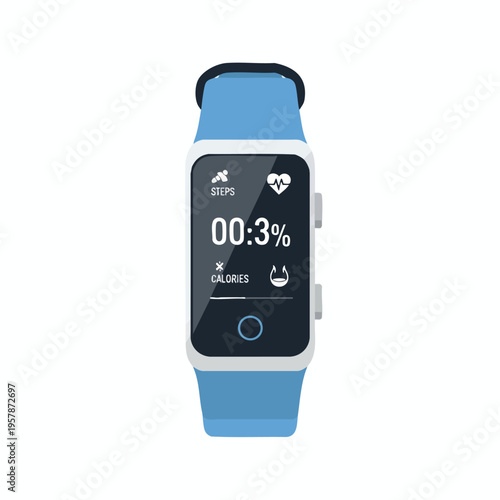 A blue smartwatch displays fitness data including steps, heart rate, and calories