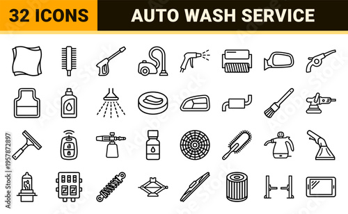 Professional Automated Car Wash and Vehicle Detailing Line Art Featuring Ultra Minimalist Monoline Geometric Symbols for Automotive Service Apps
