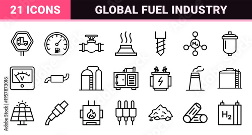 Industrial Energy and Fuel Infrastructure Line Art Set, Minimalist Monoline Power and Resource Symbols for Sustainable Utility Design