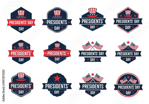 Set of 12 Presidents' Day Badges and Labels with American Flag and Uncle Sam Hat - Patriotic USA Holiday Vector Icons Collection for Marketing and Sales