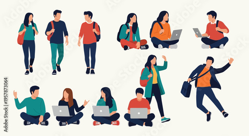 Diverse University Students Vector Character Set - Young Adults in Various Poses for Education, Study, and Campus Lifestyle Flat Illustration