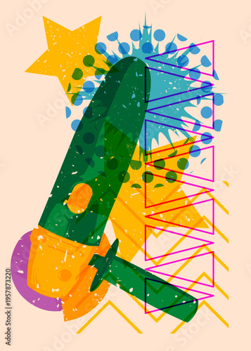 Risograph Angle grinder with geometric shapes. Objects in trendy riso graph print texture style design with geometry elements.