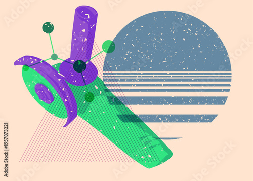 Risograph Angle grinder with geometric shapes. Objects in trendy riso graph print texture style design with geometry elements.