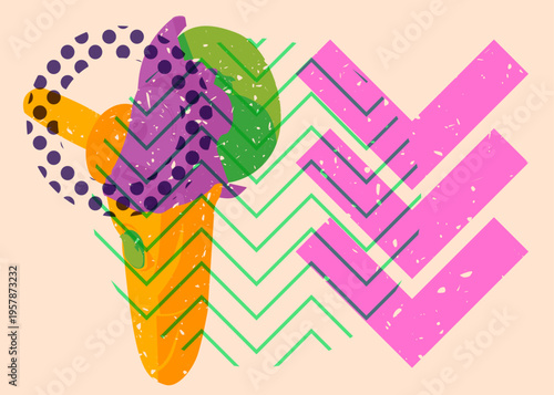 Risograph Angle grinder with geometric shapes. Objects in trendy riso graph print texture style design with geometry elements.