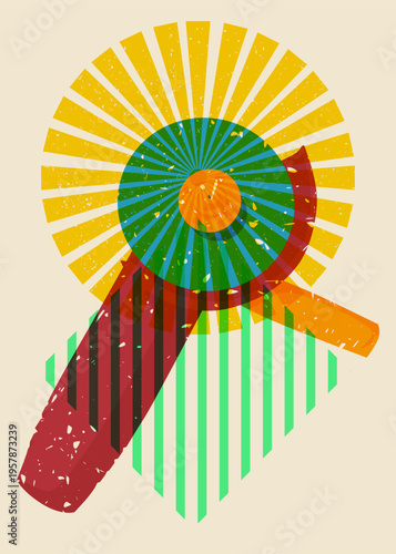 Risograph Angle grinder with geometric shapes. Objects in trendy riso graph print texture style design with geometry elements.