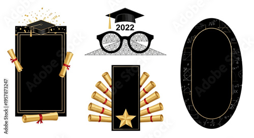 Graduation 2022 Vector Design Elements with Gold Frames, Mortarboards, and Diplomas