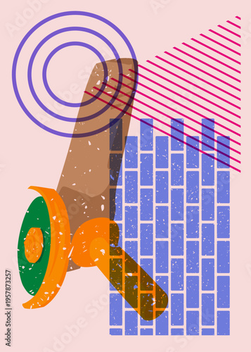 Risograph Angle grinder with geometric shapes. Objects in trendy riso graph print texture style design with geometry elements.