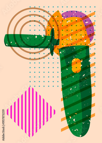 Risograph Angle grinder with geometric shapes. Objects in trendy riso graph print texture style design with geometry elements.