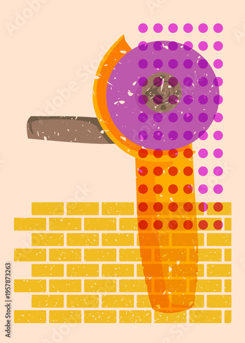 Risograph Angle grinder with geometric shapes. Objects in trendy riso graph print texture style design with geometry elements.