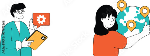 Professional explaining mobile app with global map visualization to a client