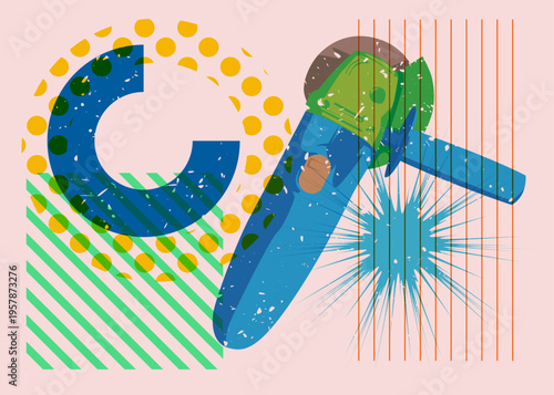 Risograph Angle grinder with geometric shapes. Objects in trendy riso graph print texture style design with geometry elements.