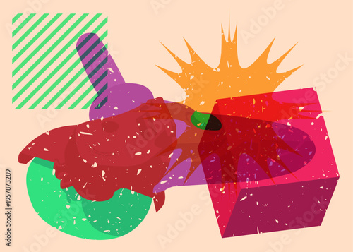 Risograph Angle grinder with geometric shapes. Objects in trendy riso graph print texture style design with geometry elements.