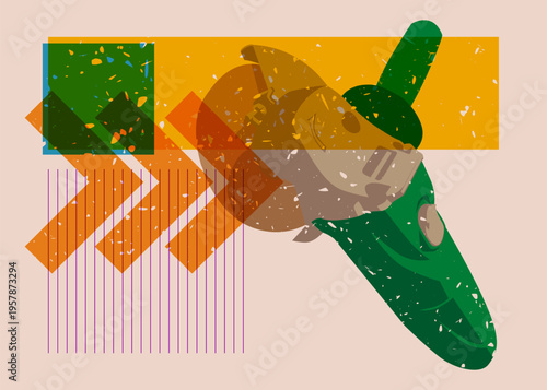 Risograph Angle grinder with geometric shapes. Objects in trendy riso graph print texture style design with geometry elements.
