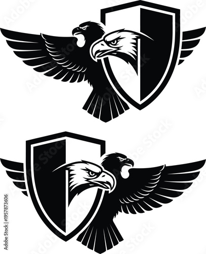 Black and white eagle shield logos with spread wings