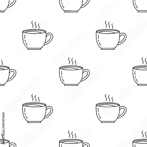 Seamless pattern of hot steaming cups, hand-drawn line art