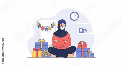 Young woman in hijab sitting with gifts and party decorations.