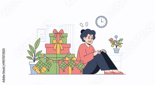 Young woman seated with gifts indoors after celebration.