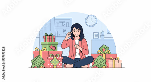 Young Woman Sitting Among Gift Boxes.