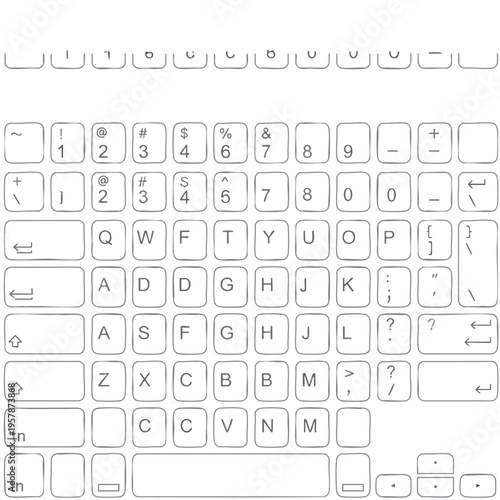 Monochrome outline sketch of a QWERTY keyboard with various symbol and letter keys