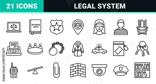Legal Services and Judicial System Outline Icons Featuring Gavel Scales Courthouse and Law Documents in Ultra Minimalist Monoline Style