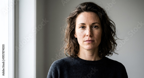 Portrait of Woman with Wavy Hair Looking at Camera
