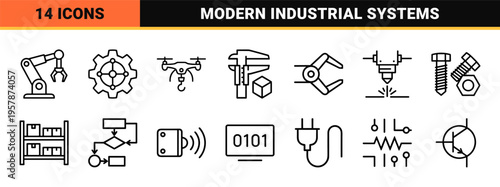 Industrial Automation and Smart Manufacturing Systems Minimalist Monoline Vector Graphics for Technical UI/UX and Engineering Design