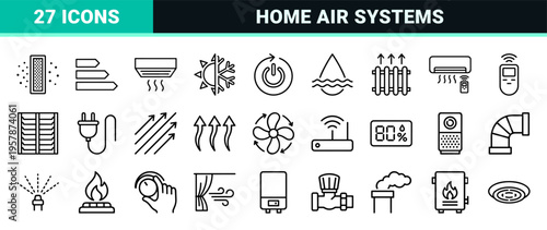 HVAC System and Climate Control Minimalist Monoline Line Art Set for Smart Home Ventilation and Energy Efficient Cooling Management