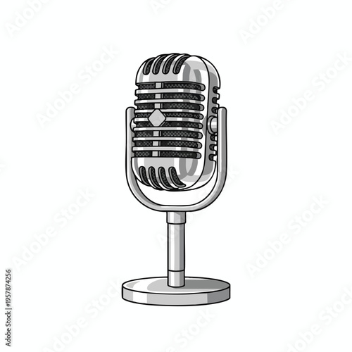 A vintage-style silver microphone stands tall on a circular base