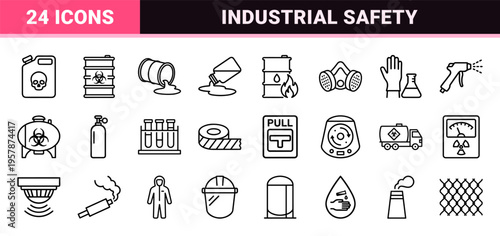 Hazardous Material Industrial Safety Symbols Featuring Biohazard Radiation and Chemical Warning Signs in Ultra Minimalist Geometric Line Art