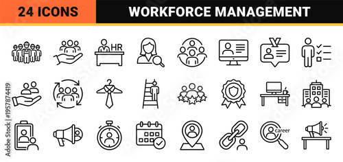 Human Resources and Recruitment Monoline Icon Set featuring Workforce Management, Talent Acquisition, and Corporate Leadership Symbols.